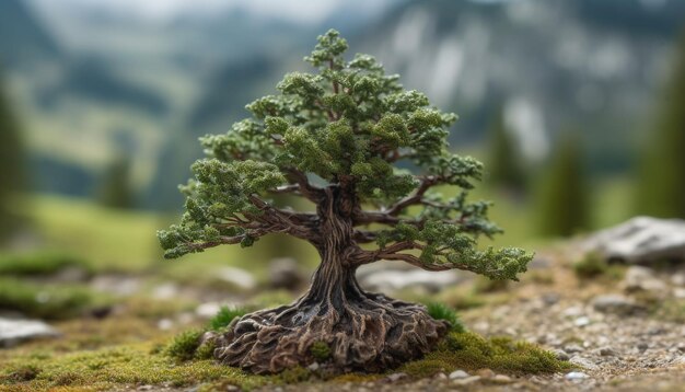 Árvore perene ergue-se em uma floresta tranquila cercada pela natureza gerada pela inteligência artificial