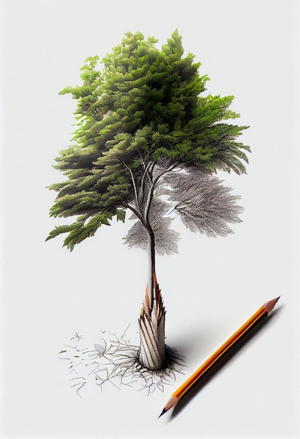 Árvore que cresce a partir do ambiente criativo de lápis e IA geradora de conceito ecológico