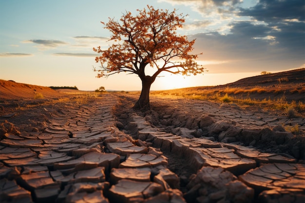 Árvore resiliente em meio à terra rachada significa que as mudanças climáticas afetam a escassez de água no aquecimento global