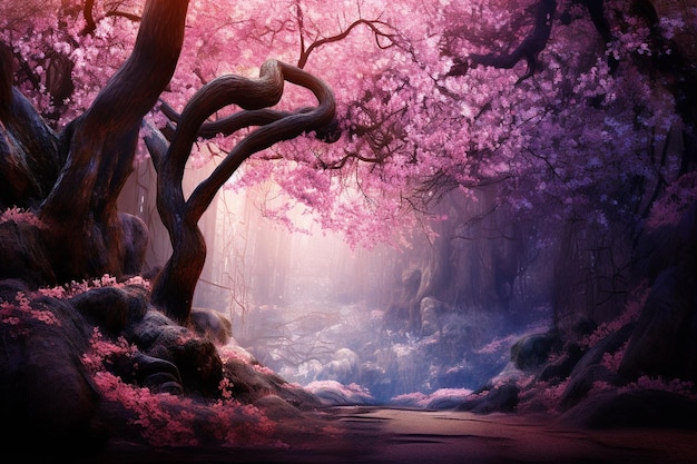 Árvore rosa da floresta encantada em uma IA generativa de floresta violeta