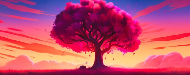Árvore rosa de forma de amor brilhante e um fundo com pôr do sol em roxo