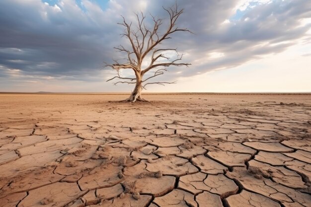 Árvore seca entre o solo seco do deserto sob um céu nublado