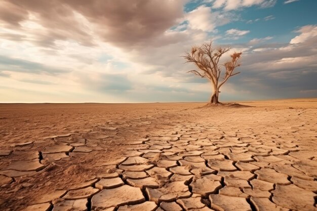 Árvore seca entre o solo seco do deserto sob um céu nublado