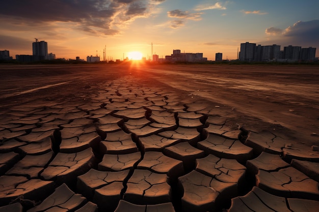 Árvore seca morta no deserto com um chão seco rachado com a cidade