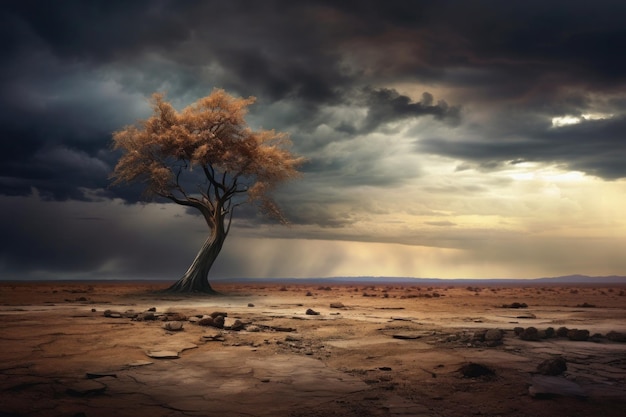 Árvore seca solitária na paisagem do deserto com céu tempestuoso Silhueta de árvore morta antes da tempestade