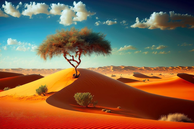 Árvore solitária crescendo na colina sob os raios escaldantes do sol no deserto