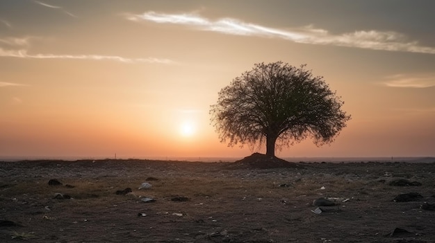 Árvore solitária crescendo no campo de despejo de lixo ao pôr do sol com espaço para cópia