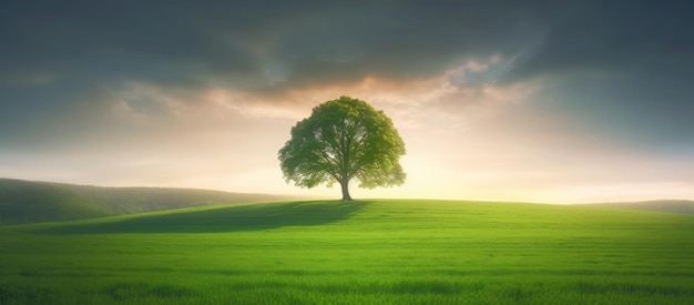 Árvore solitária de pé no topo de uma colina em bela paisagem panorâmica de nascer do sol com campos de grama verde vibrante Ilustração de IA gerativa