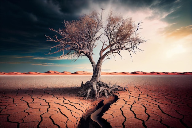 Árvore solitária e seca no deserto gerada por IA