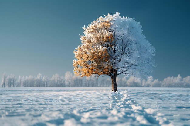 Árvore solitária em um campo coberto de neve