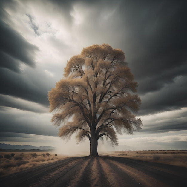 Árvore solitária na estrada no deserto com céu dramático generativo ai