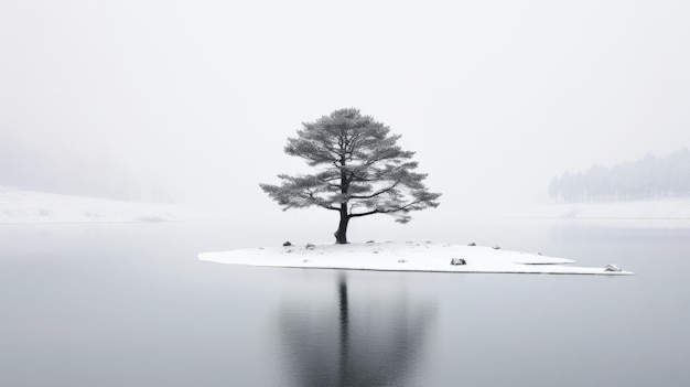 Árvore solitária na neve do inverno e na solidão do lago minimalista Generative AI image weber