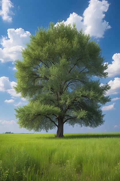 Árvore solitária no fundo do céu e prado no verão