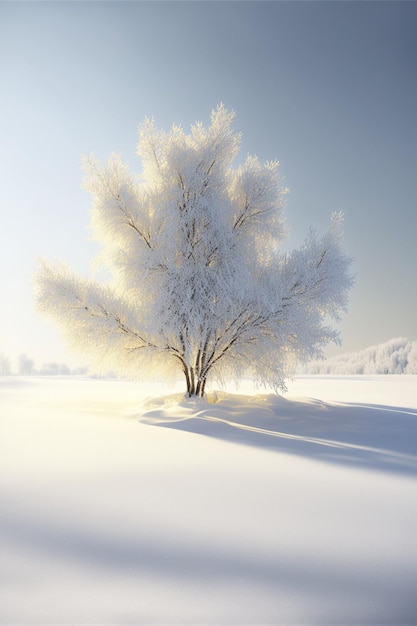 Árvore solitária no meio de um campo coberto de neve generative ai