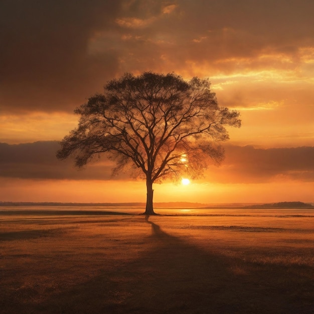 Árvore solitária no pôr-do-sol criada pela IA