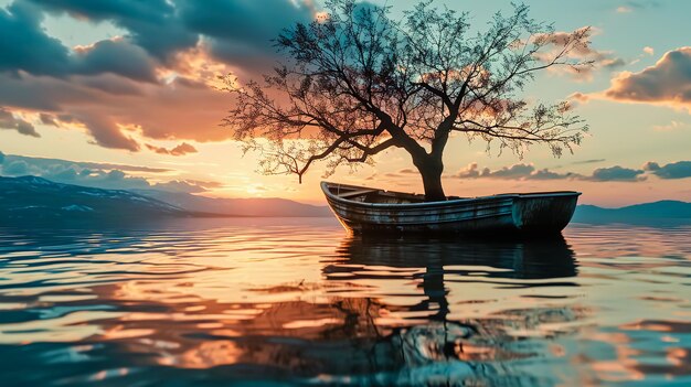 Árvore solitária num barco na água