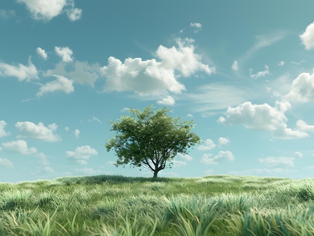 Árvore solitária num prado verde e um céu azul com nuvens