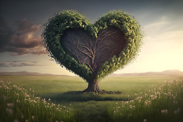Árvore sozinha em forma de coração no campo