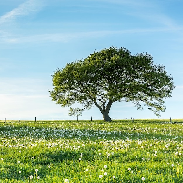 Árvore velha no prado de dente-de-leão com céu azul na primavera na Alemanha Eifel