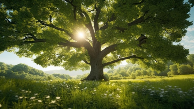Árvore verde ampla Jardim luz do sol pela manhã