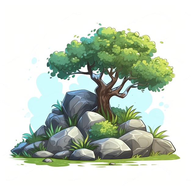 Árvore verde de desenho animado e grama nas rochas em fundo branco