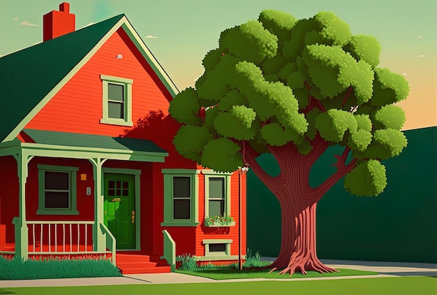 Árvore verde durante o dia ao lado de uma casa vermelha