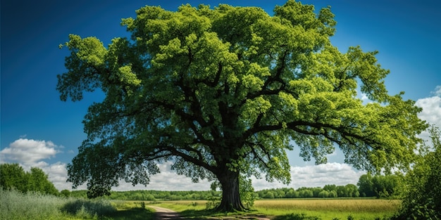 Árvore verde em uma clareira contra um céu nublado azul lugar encantador para um piquenique ou ao ar livre