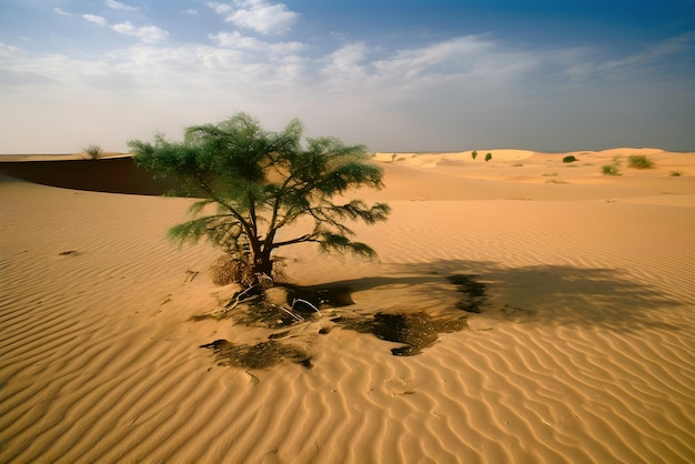 Árvore verde no deserto Mudanças climáticas com processo de desertificação IA gerada