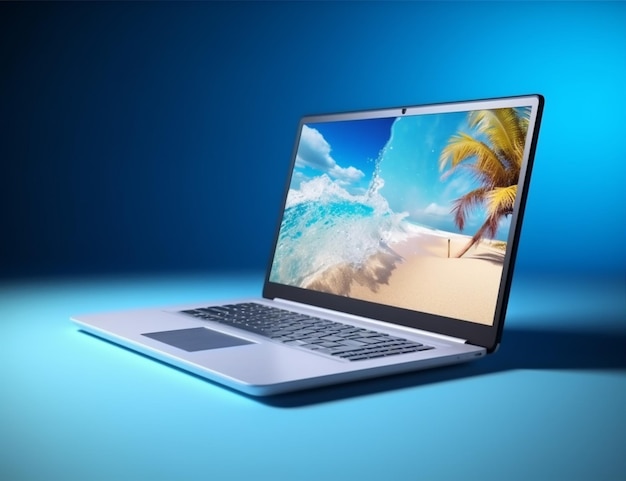 Árvore viagem praia verão palma férias computador laptop tropical conceito Generative AI