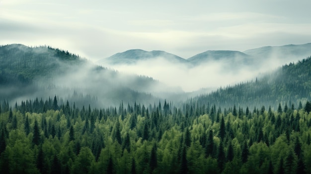 Árvores altas na floresta nas montanhas cobertas pela névoa
