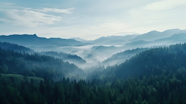 Árvores altas na floresta nas montanhas cobertas pela névoa