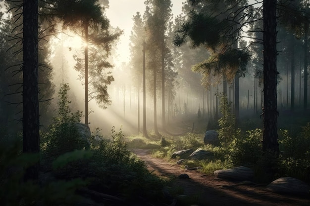 Árvores arborizadas da floresta matinal iluminadas por luz solar dourada com raios de sol derramando-se através de árvores nebulosas Nascer do sol ou pôr do sol ambiente de paisagem florestal de primavera