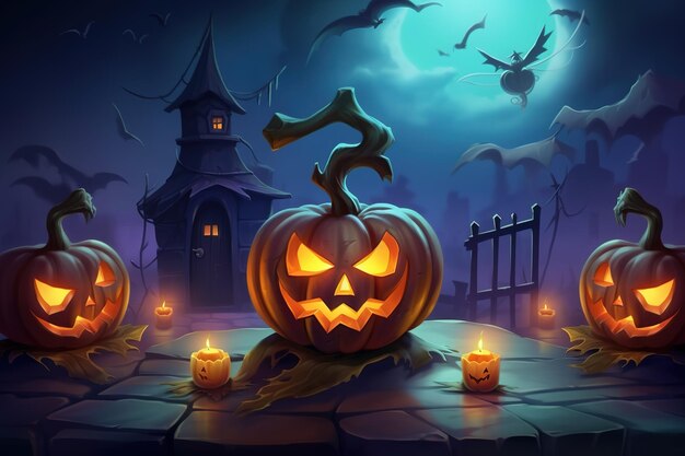 Árvores assustadoras de abóboras de Halloween e casa assombrada com luar em fundo escuro