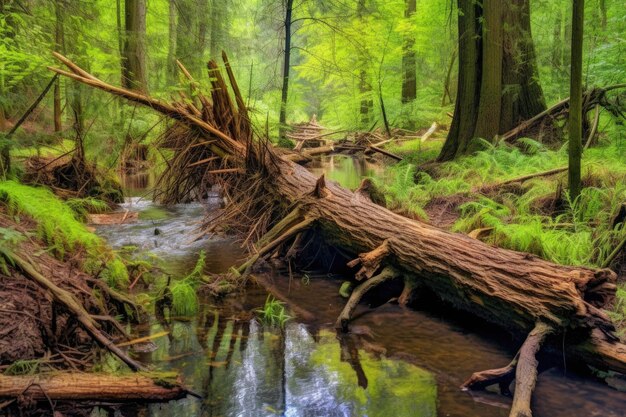 Árvores caídas perto de uma represa de castores em uma área de floresta criada com IA generativa