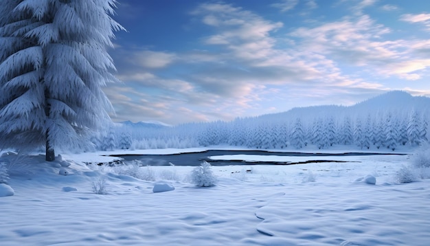 Árvores cobertas de neve e uma lagoa congelada