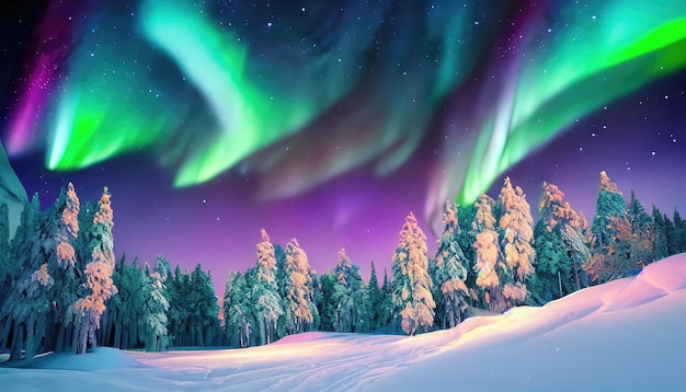 Árvores cobertas de neve sob o lindo céu noturno com aurora boreal colorida