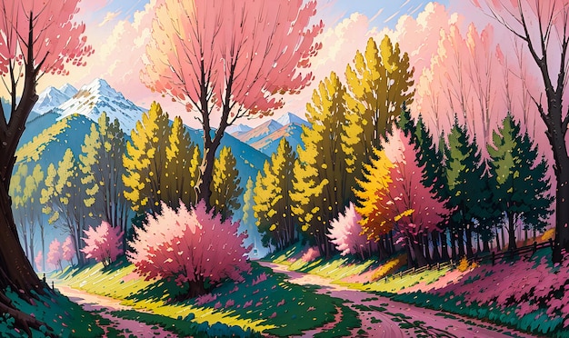 Árvores coloridas com uma ilustração de pintura de fundo de paisagem de outono de caminho IA generativa