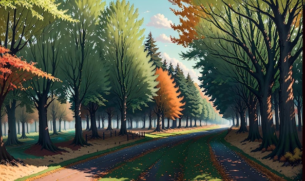 Árvores coloridas com uma ilustração de pintura de fundo de paisagem de outono de caminho IA generativa