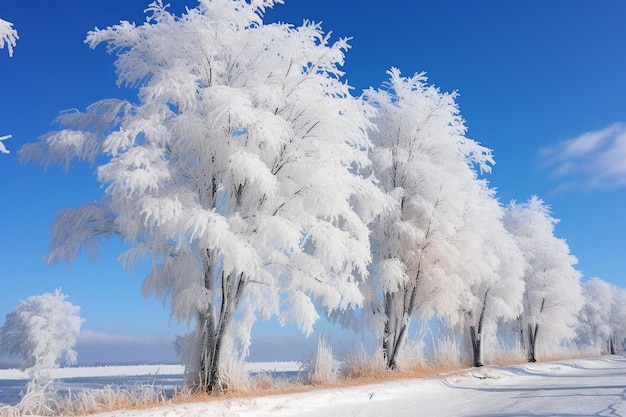 Árvores congeladas no inverno com céu azul