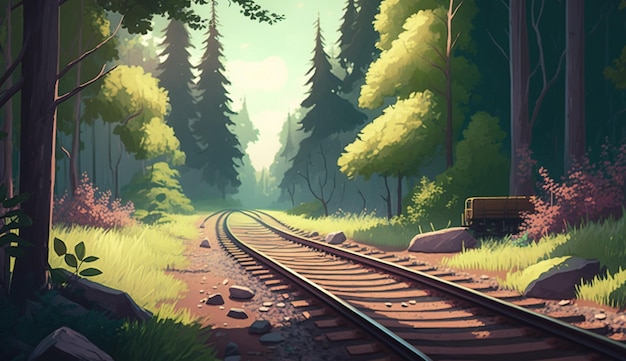 Árvores da floresta ao longo de uma ferrovia em uma tarde de verão Generative AI
