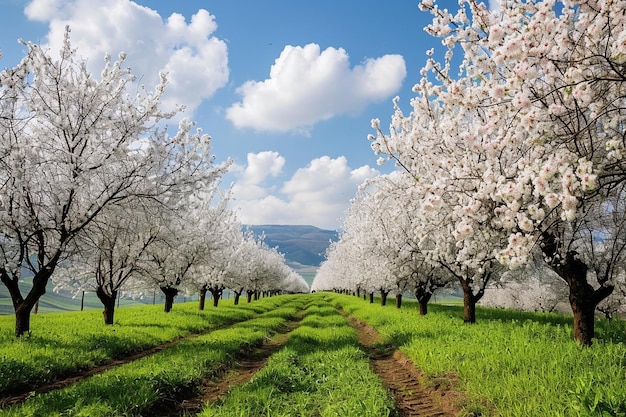 Árvores de amêndoa com flores brancas em um campo verde na primavera