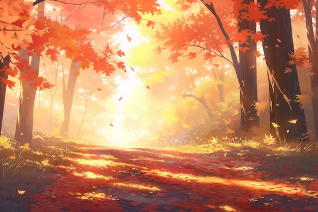 Árvores de bordo vermelhas ao longo de um beco no parque de outono folhas caindo na luz do sol brilhante Ilustração digital IA generativa