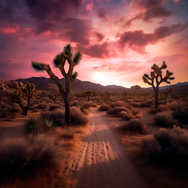 Árvores de Joshua paisagem do deserto estrada e céu vermelho