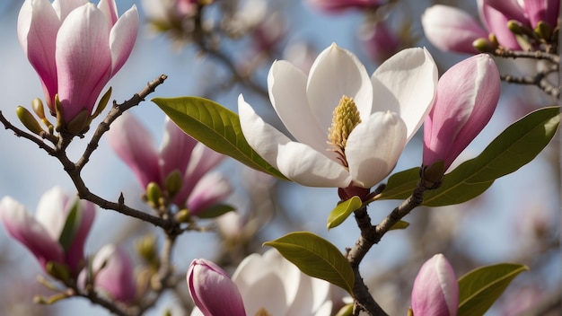 Árvores de magnólia em flor contra um céu limpo