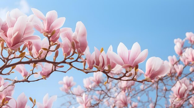 Árvores de magnólia recém-florecidas contra um céu azul claro simbolizando a beleza da primavera
