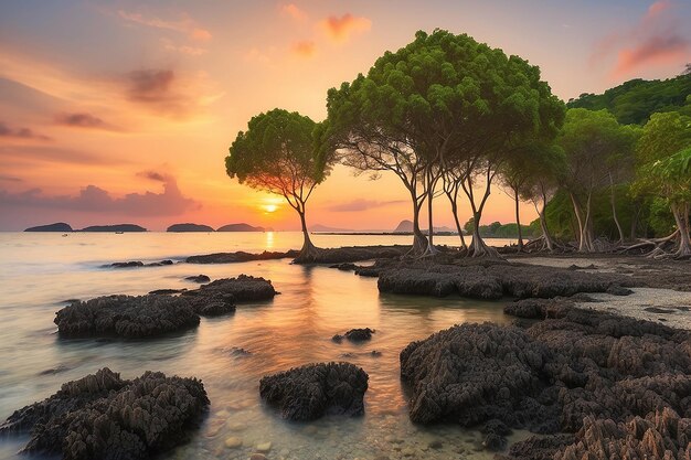 Árvores de mangue e corais na praia de tanjung pinggir na ilha batam ao pôr do sol