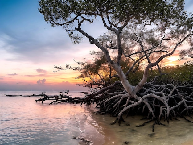 Árvores de mangue e corais na praia de tanjung pinggir na ilha de batam ao pôr do sol gerado por ai