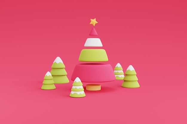 Árvores de Natal cercadas por pinheiros, design minimalista em 3D Xmas Decorations.3d rendem a ilustração.