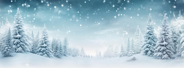 Árvores de Natal cobertas de neve com neve caindo em tons de branco e azul do céu IA generativa