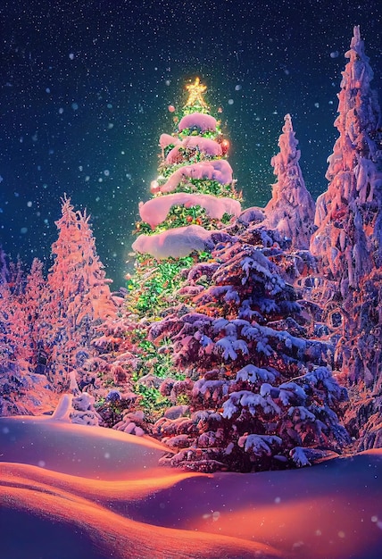 Árvores de Natal com bela iluminação colorida Atmosfera alegre de Ano Novo
